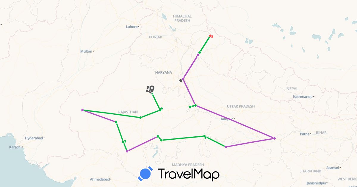 TravelMap itinerary: bus, plane, train, hiking, motorbike in India (Asia)